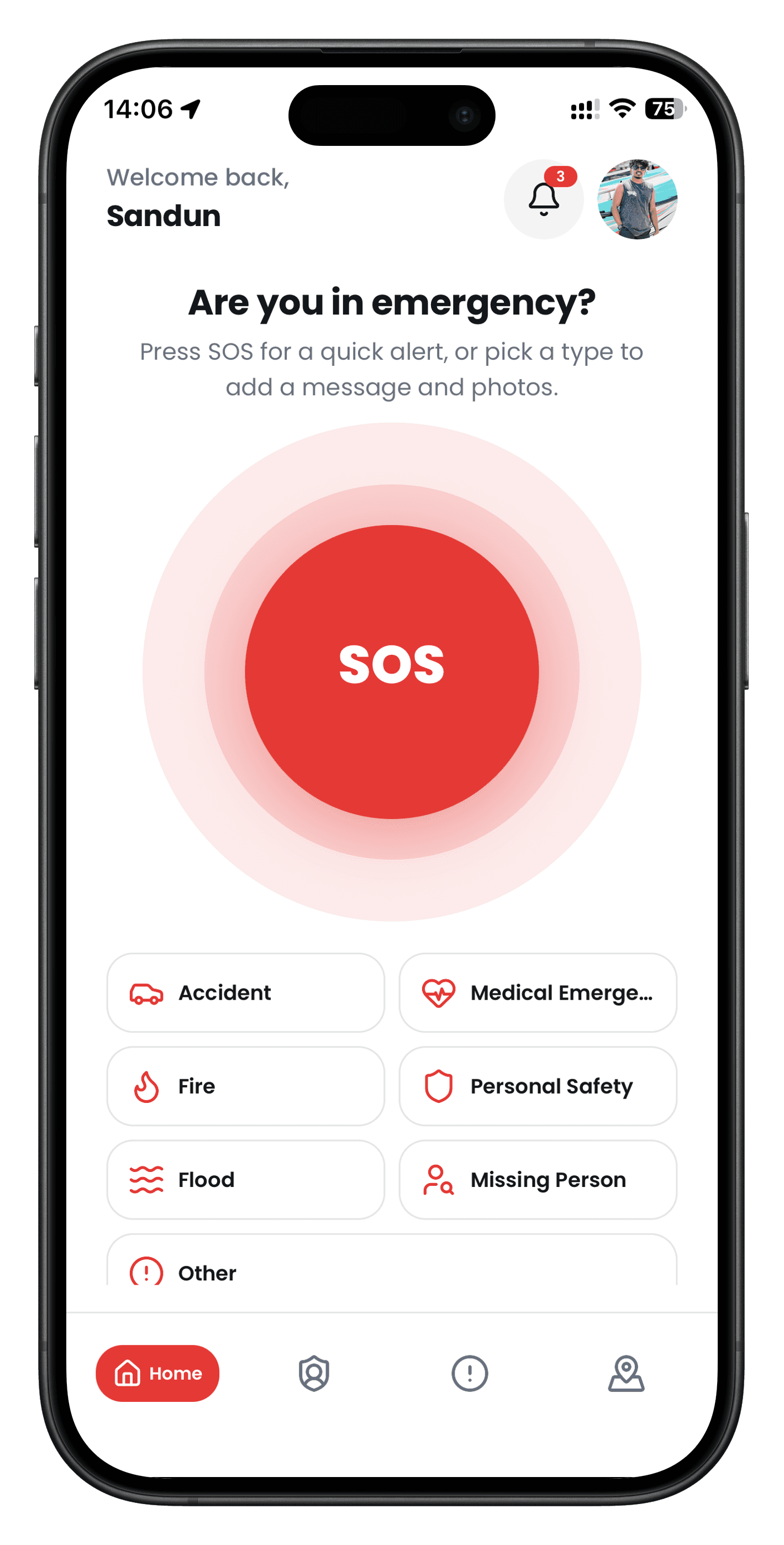 SwiftGuard home with a large SOS button and emergency types