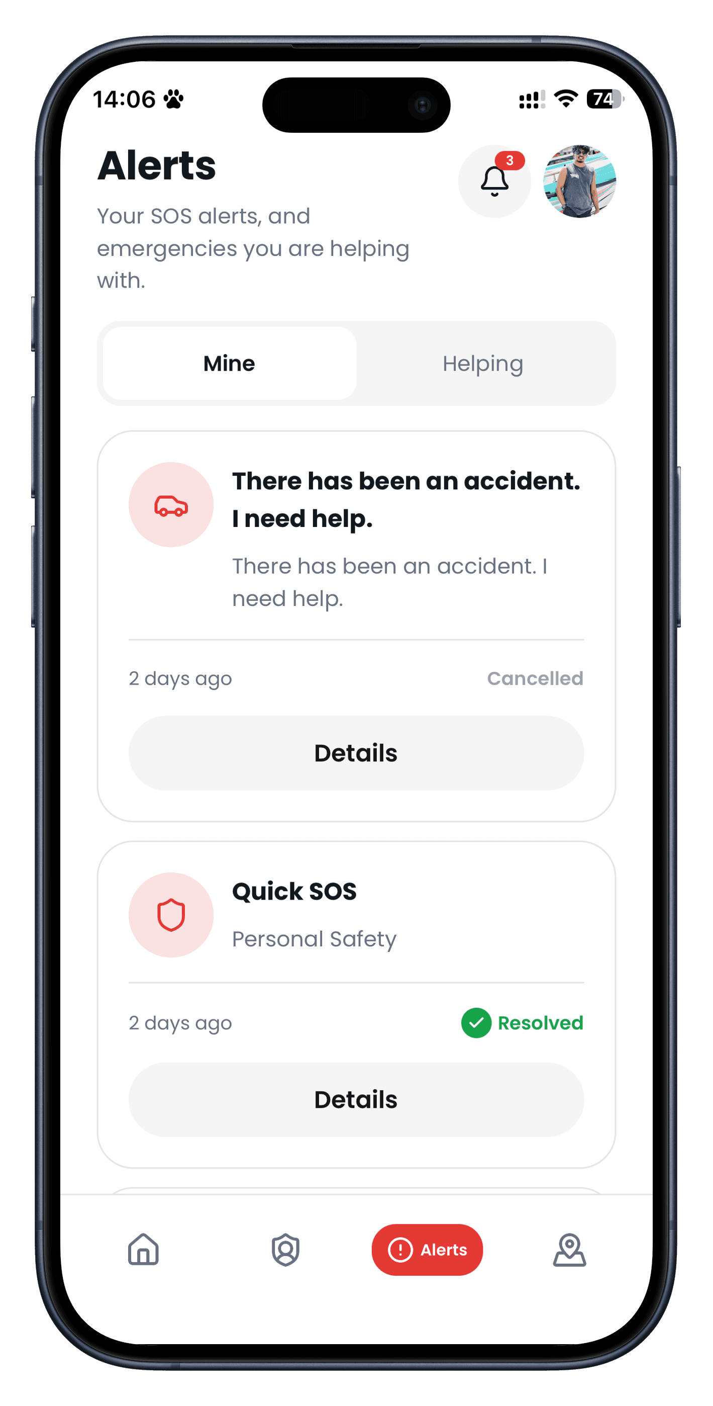 Alerts screen showing SOS status as cancelled or resolved