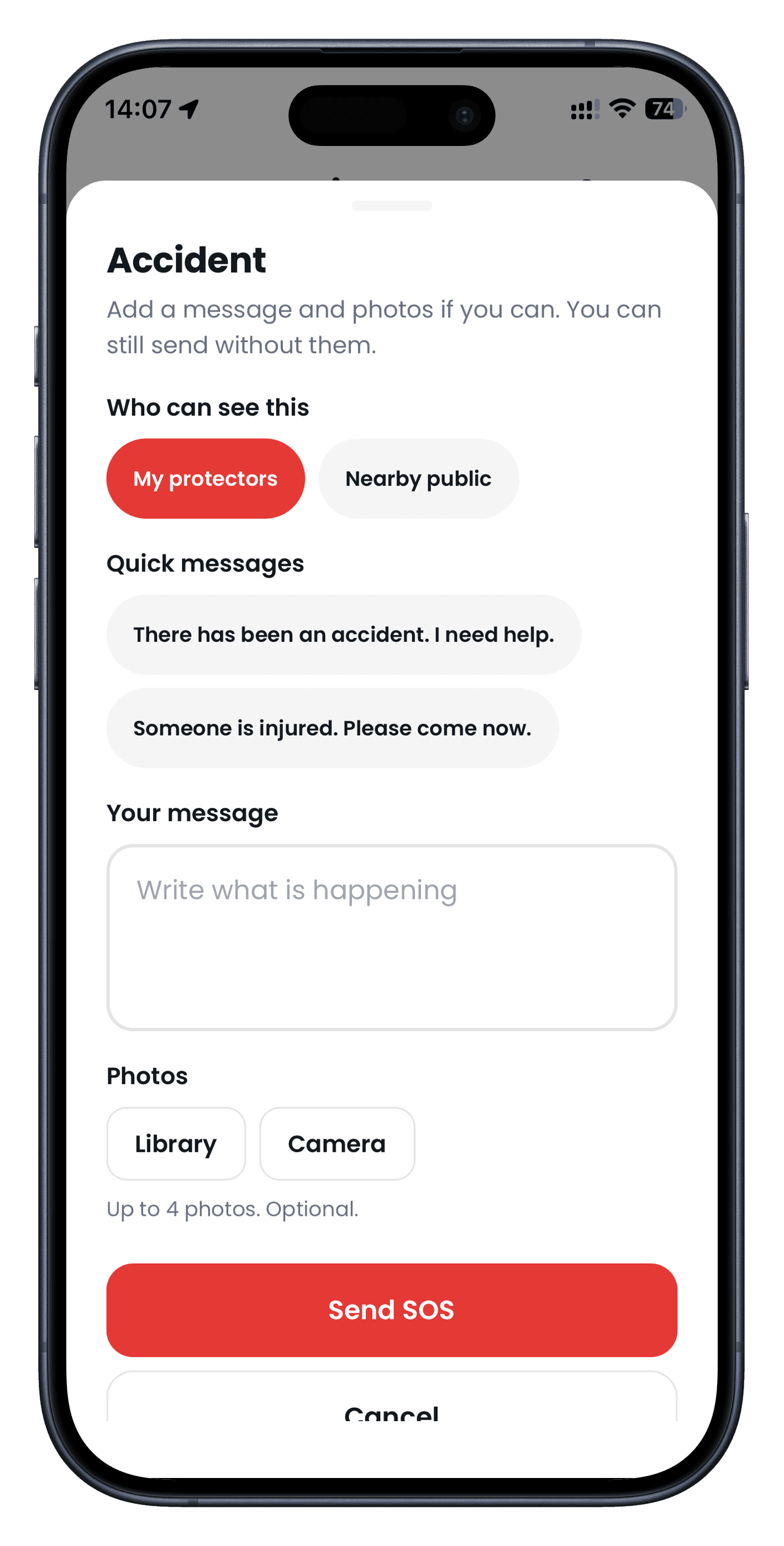 Send an accident SOS with a message and photos