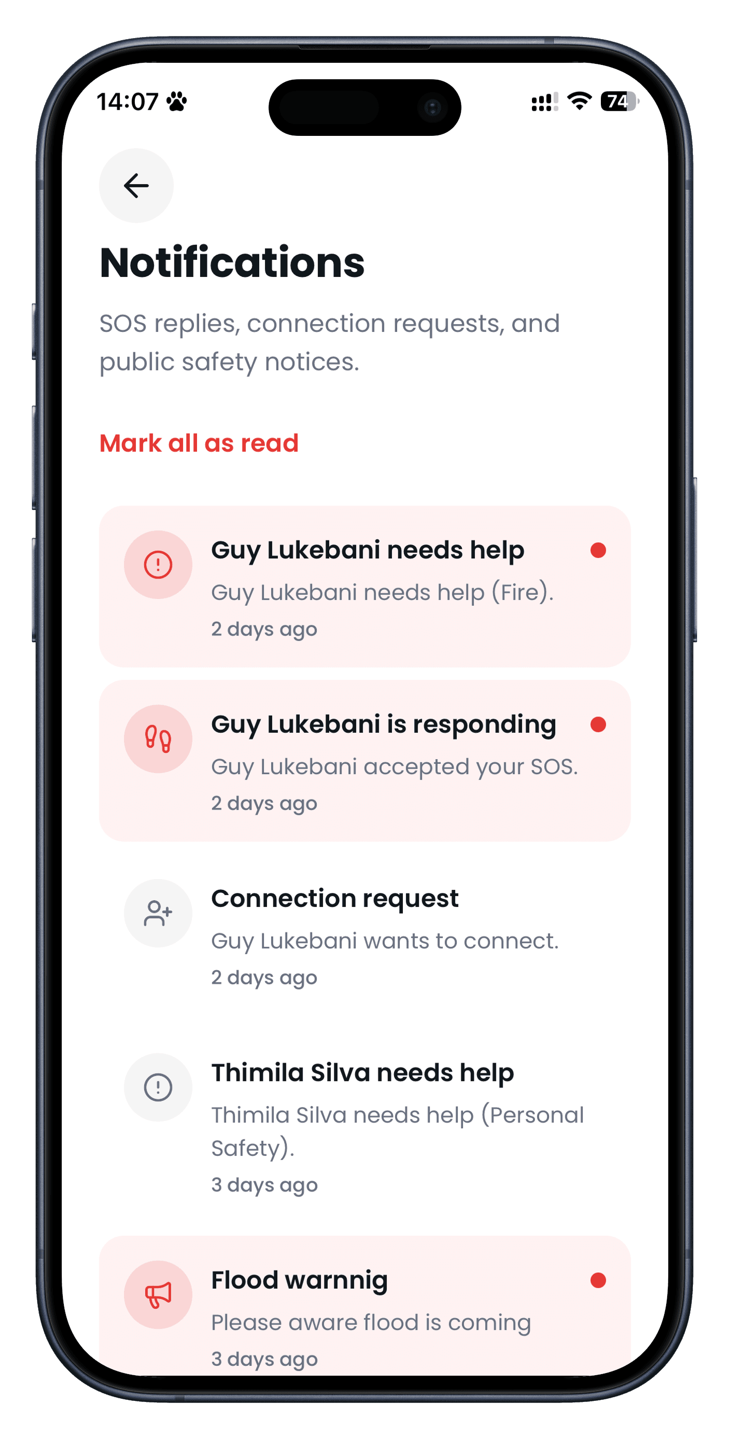 Notifications for SOS replies, connections, and safety notices